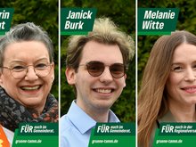 Portraitfotos der drei bei der Kommunalwahl 2024 gewählten Kandidat:innen: Katrin Vogt, Janick Burk und Melanie Witte